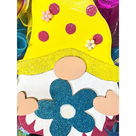 Handmade Spring/ Summer Daisy Butterfly Gnome Prelit Ribbon Wreath 22 in LED W2 - Picture 5 of 10